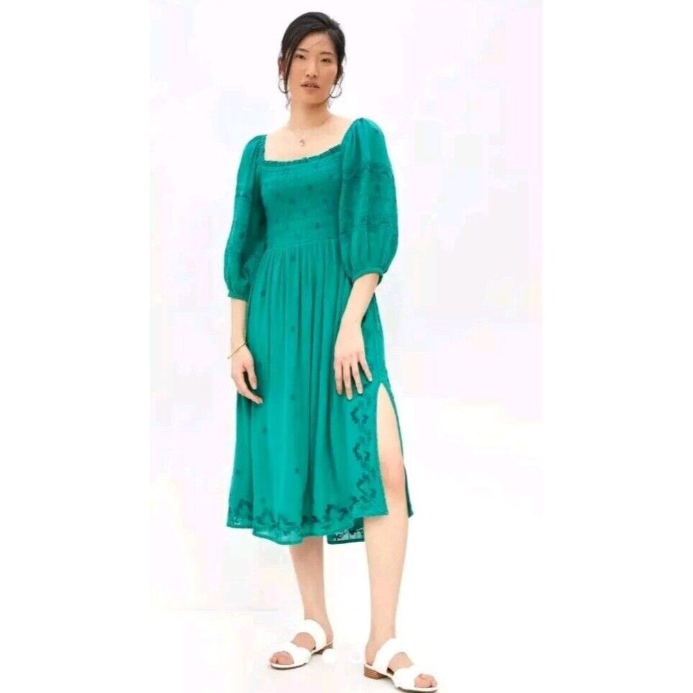 Anthropologie Bonnie Smocked Midi Dress Embroidered‎ Green M Boho